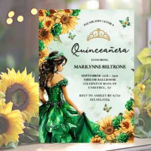 Invitación Mariposa de Girasol Verde Princesa Quinceañera