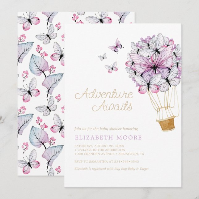 Invitación Mariposa de globo de aire caliente floral | Invita (Anverso / Reverso)