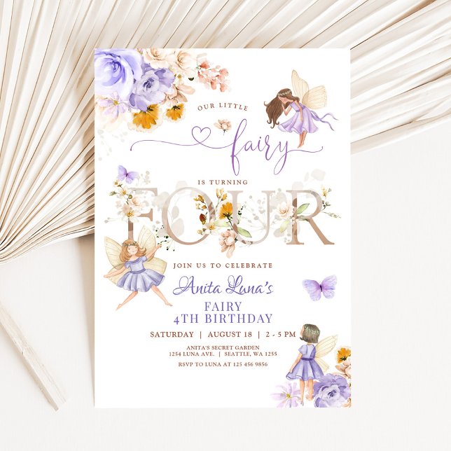 Invitación Mariposa de hadas moradas Floral mágica 4º cumplea (Subido por el creador)