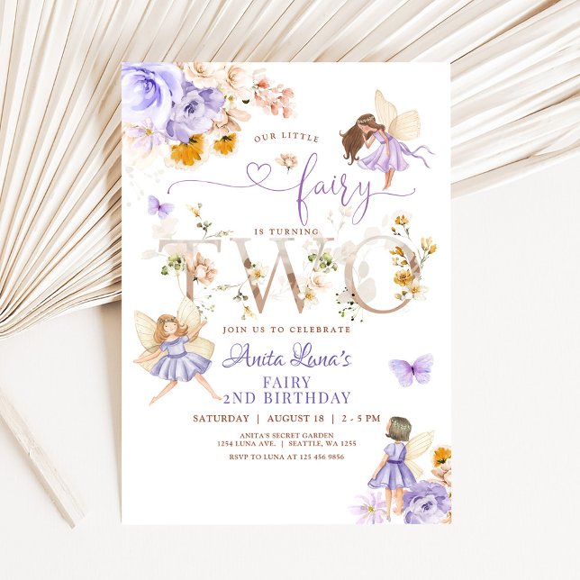 Invitación Mariposa de hadas púrpuras Floral mágica 2º cumple (Subido por el creador)