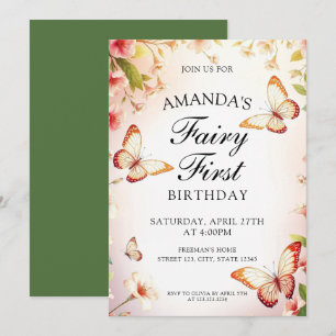 Invitación Mariposa de hadas y floral Primer tema de cumpleañ