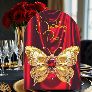 Invitación Mariposa de joyería roja dorada de cumpleaños impr