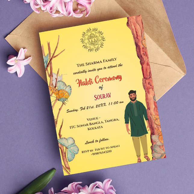 Invitación Mariposa de la ceremonia hindú de Groom Haldi (Subido por el creador)