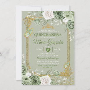 Invitación Mariposa de la Corona de Oro Sage Green Quinceañer