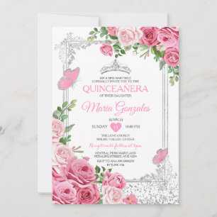 Invitación Mariposa de la Corona de Quinceañera Rosa de SIlve