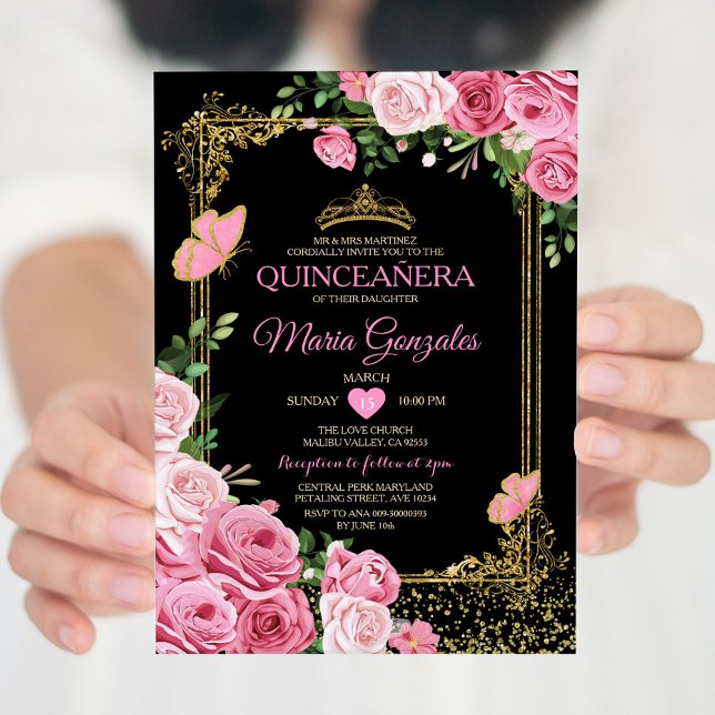 Invitación Mariposa de la Corona de Quinceañera Rosa Negra 15 (Subido por el creador)