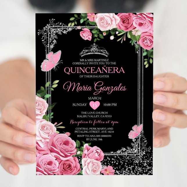 Invitación Mariposa de la Corona de Quinceañera Rosa Negra 15 (Subido por el creador)