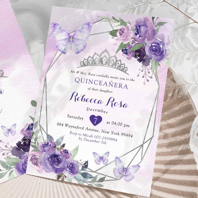 Invitación Mariposa de la Corona Real Morada Quinceañera (Subido por el creador)