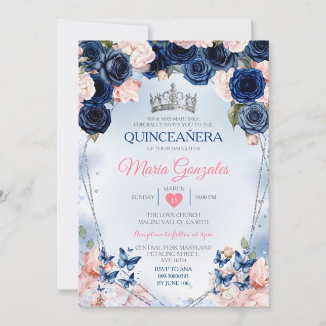Invitación Mariposa de la Corona Rosa Quinceañera 15 Anos (Anverso)