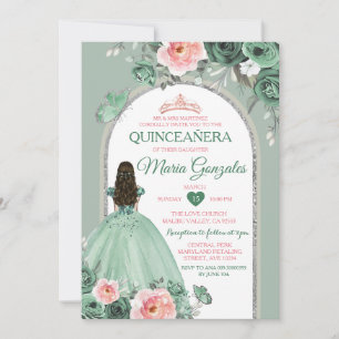 Invitación Mariposa de la Corona Verde Rosa Quinceañera