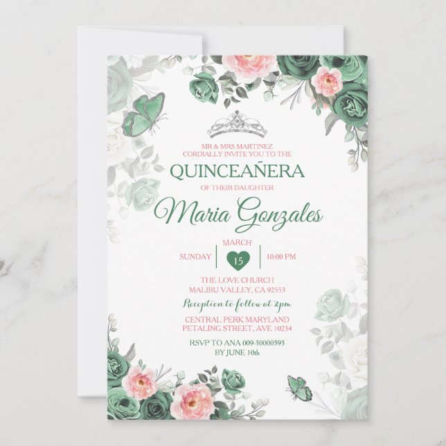 Invitación Mariposa de la Corona Verde Rosa Quinceañera (Anverso)