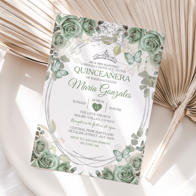 Invitación Mariposa de la Corona Verde y Plata de Quinceañera (Subido por el creador)