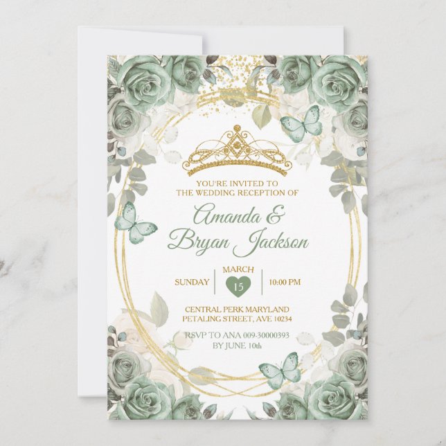 Invitación Mariposa de la Crown de oro verde de la recepción  (Anverso)