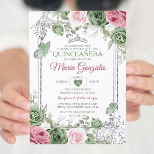 Invitación Mariposa de la Crown de Plata Rosa Sage Green Quin