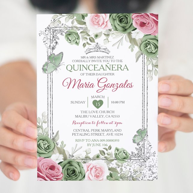 Invitación Mariposa de la Crown de Plata Rosa Sage Green Quin (Subido por el creador)