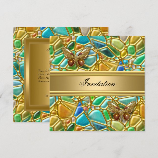 Invitación Mariposa de la fiesta de cumpleaños Mosaico Azul V (Anverso / Reverso)