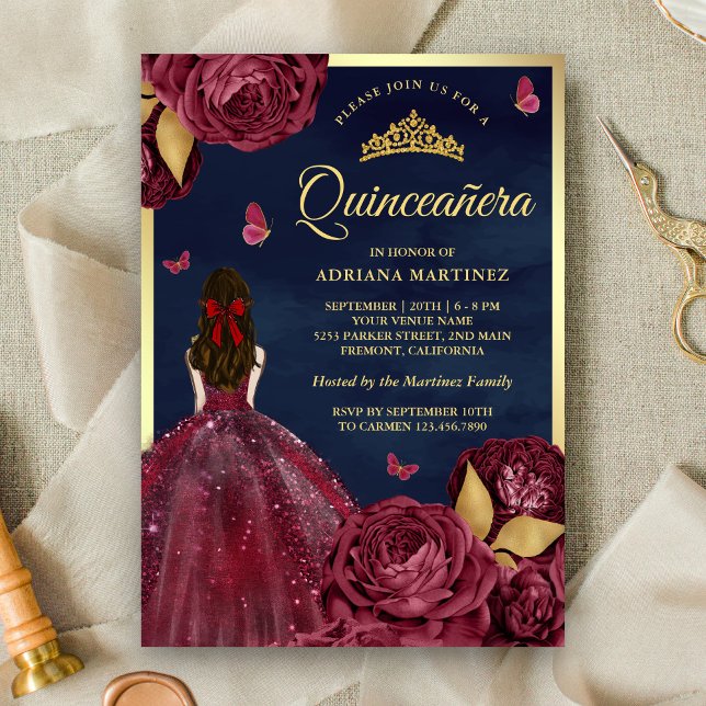 Invitación Mariposa de la Marina Borgoña Vestido Floral Quinc (Subido por el creador)