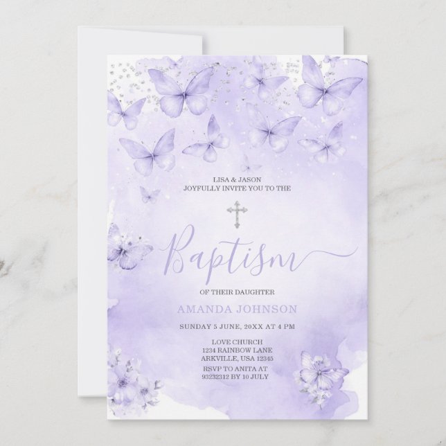Invitación Mariposa de lavanda plateada Bautizo Morado (Anverso)