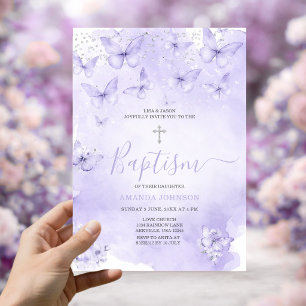 Invitación Mariposa de lavanda plateada Bautizo Morado