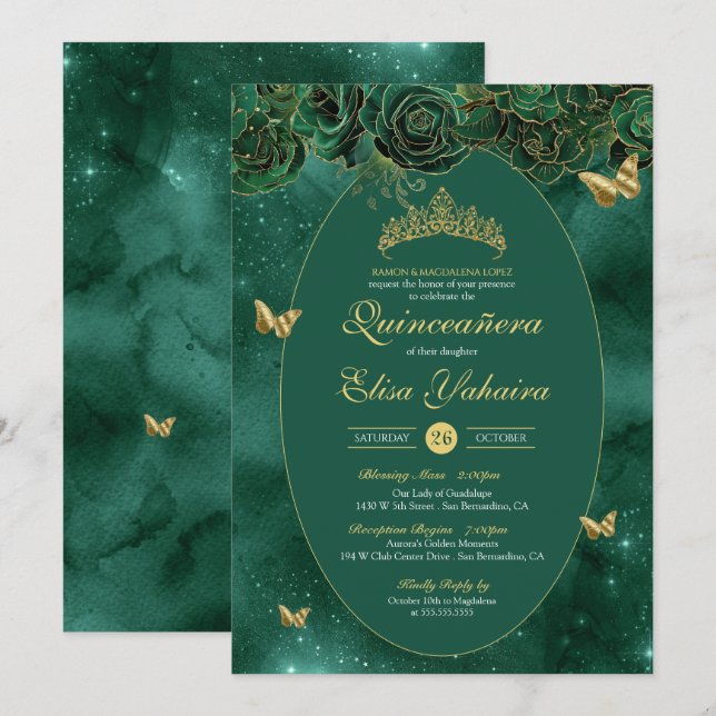 Invitación Mariposa de lujo Esmeralda Green Gold Quinceanera (Anverso / Reverso)
