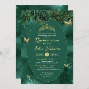 Invitación Mariposa de lujo Esmeralda Green Gold Quinceanera