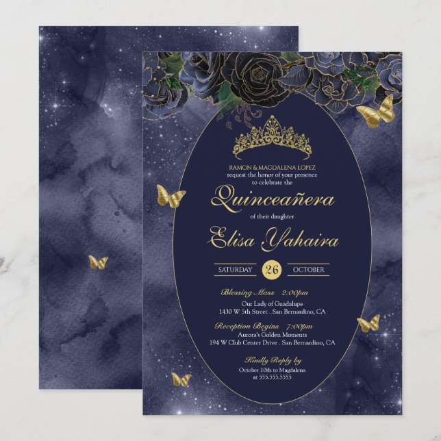 Invitación Mariposa de lujo Navy Blue Gold Quinceanera (Anverso / Reverso)