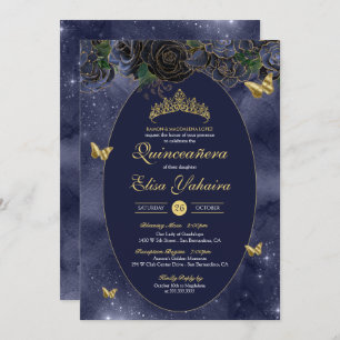 Invitación Mariposa de lujo Navy Blue Gold Quinceanera