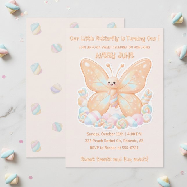 Invitación Mariposa de malvavisco de sorbete de melocotón par (Peach Sorbet Marshmallow Butterfly Kids Birthday Invitation)