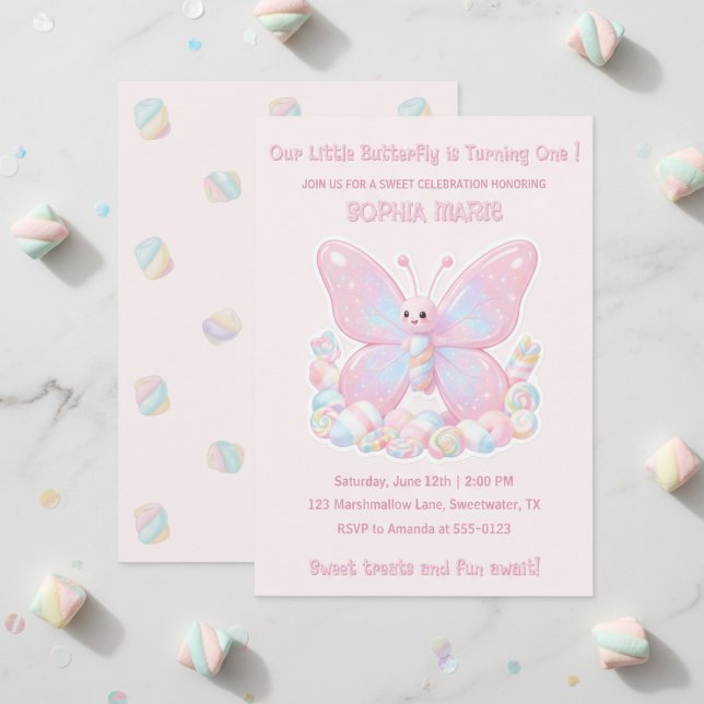 Invitación Mariposa de Malvavisco Rosa Dulce Cumpleaños 1 (Sweet Pink Marshmallow Butterfly 1st Birthday Invitation)