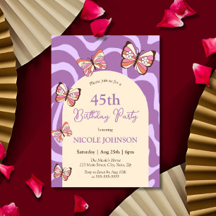 Invitación Mariposa de oleada retro Beige Purple Cumpleaños