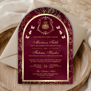 Invitación Mariposa de oro de Borgoña Arco Boda Musulmana