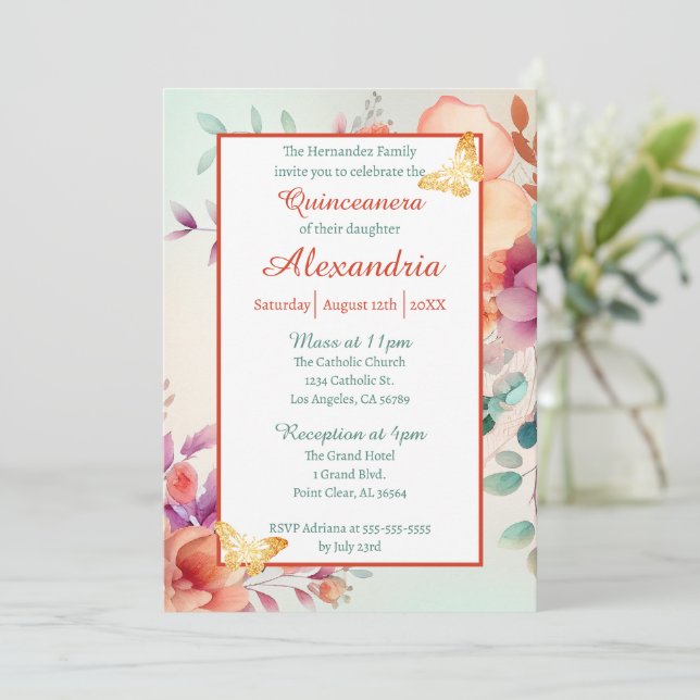 Invitación Mariposa de oro floral Quinceanera (Anverso de pie)