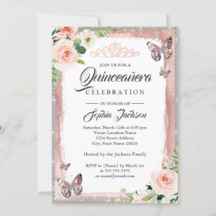 Invitación Mariposa de Oro Floral Rosa Brillo Quinceañera