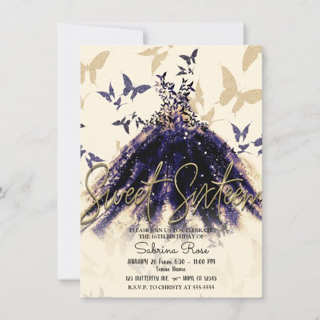 Invitación Mariposa de oro morado vestido de baile dulce 16 F (Anverso)