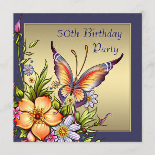 Invitación Mariposa de oro Mujeres 50 cumpleaños