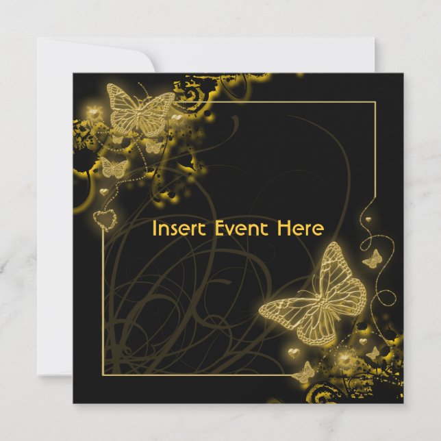 Invitación Mariposa de oro negro elegante floral (Anverso)