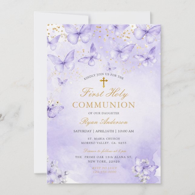 Invitación Mariposa de oro púrpura Primera Comunión (Anverso)