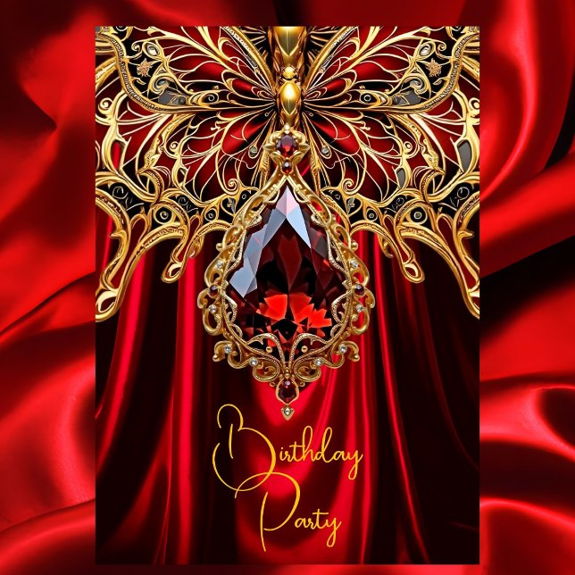Invitación Mariposa de oro rojo rico en cumpleaños exótico (Subido por el creador)