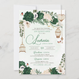 Invitación Mariposa de Oro Verde Floral Elegante Quinceañera