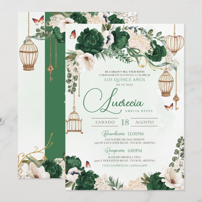 Invitación Mariposa de Oro Verde Floral Elegante Quinceañera (Anverso / Reverso)