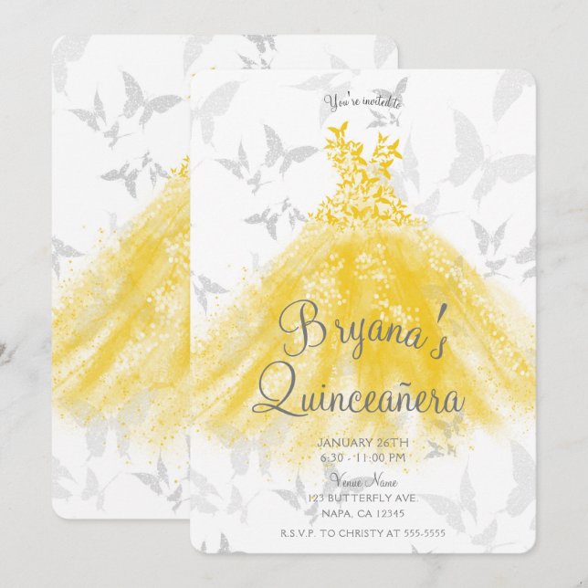 Invitación Mariposa de Plata Amarilla Vestido de Baile Quince (Anverso / Reverso)