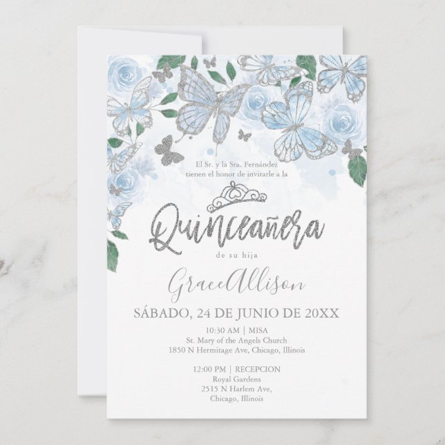 Invitación Mariposa de Plata Azul Dusto Quinceanera (Anverso)