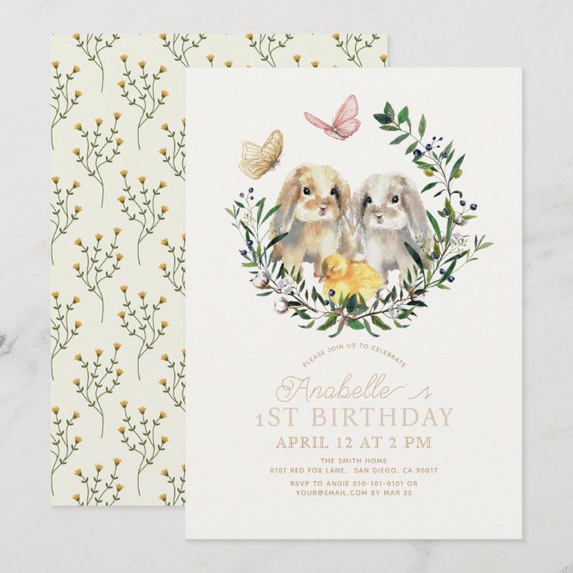 Invitación Mariposa de pollo de conejo de lop conejo 1º cumpl (Anverso / Reverso)