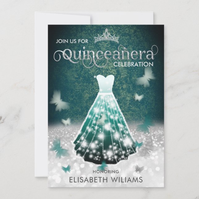 Invitación Mariposa de purpurina de plata verde esmeralda (Anverso)