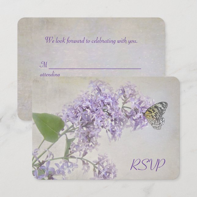 Invitación Mariposa de RSVP en Lilas (Anverso / Reverso)