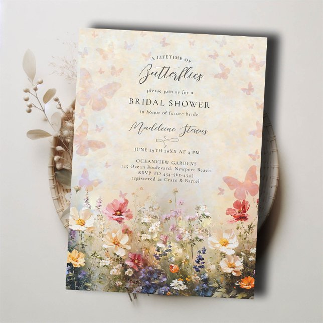 Invitación Mariposa de toda la vida Peach Wildflower Brillant (lifetime butterflies bridal shower invitation brunch tea pink peach red wildflowers garden party)