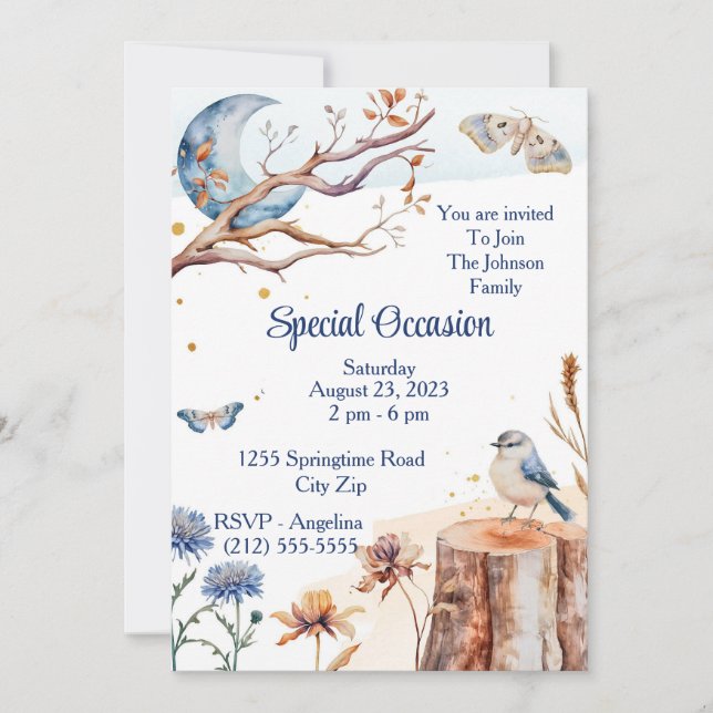Invitación Mariposa de Verano Azul Luna Floral Bonito (Anverso)