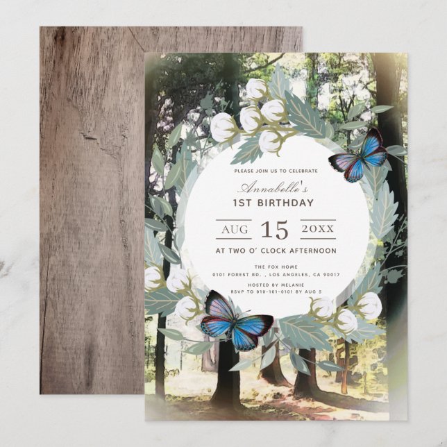 Invitación Mariposa del bosque encantada 1er cumpleaños (Anverso / Reverso)