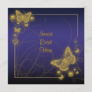 Invitación Mariposa dorada azul real elegante