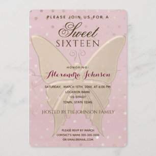 Invitación Mariposa dorada dulce de 16 Purpurinas rosa y Rosa